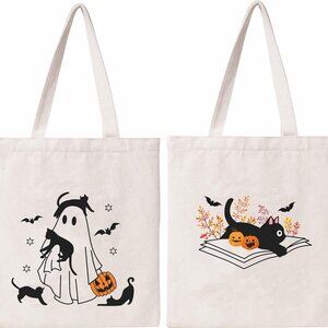 Cute Ghost Tote Bag Black Cats Tote Bag Halloween Cotton Canvas Bag for Women Gi